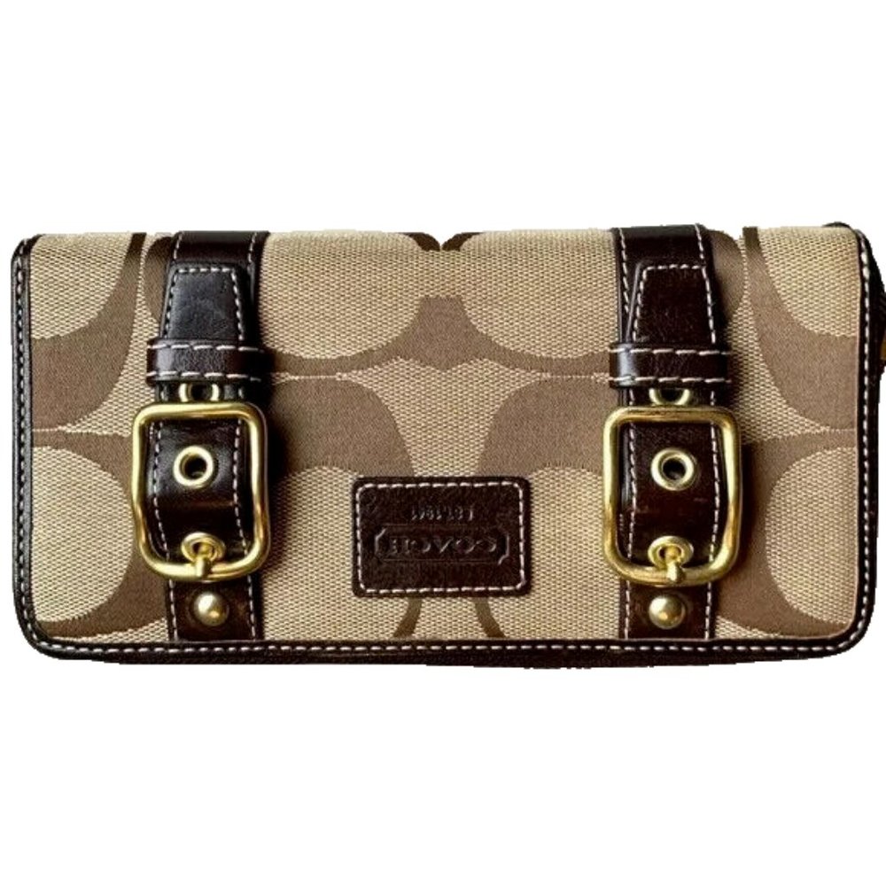 COACH ZIP AROUND LARGE WALLET SIGNATURE "C" LOGO BROWN LEATHER TAN CANVAS VTG